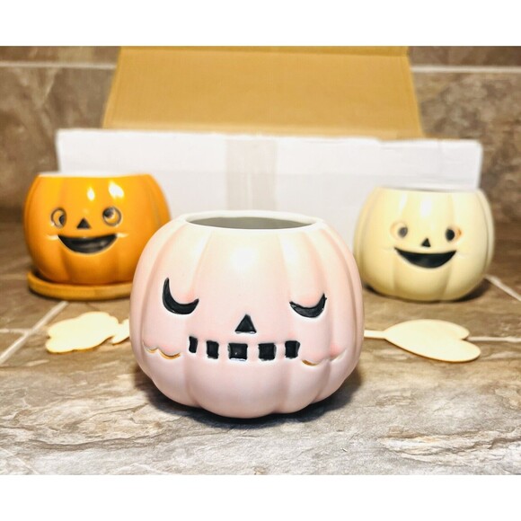 Set Of 3 Pumpkin Ceramic Planter Succulent Pots Halloween Fall Decor Harvest - Picture 4 of 8